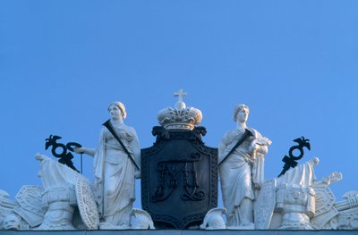Russia, St Petersburg, State Russian Museum, Formerly Mikhailovsky Palace, Statues and Royal Emblem on Facade, Close-Up by Unknown